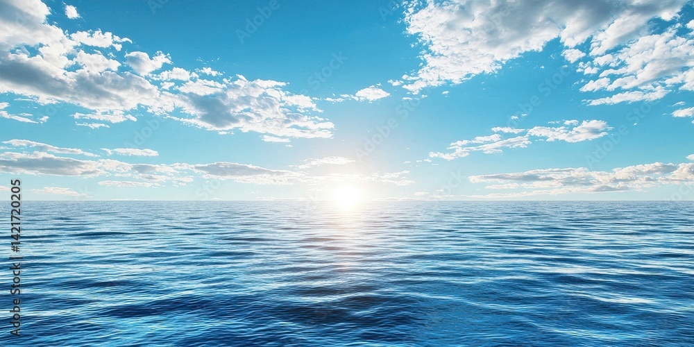 Obraz premium Calm ocean view under a bright blue sky with fluffy white clouds.