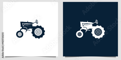 Silhouette tractor logo in vintage style, presented in dark and light themes, ideal for agriculture, farming, or machinery branding