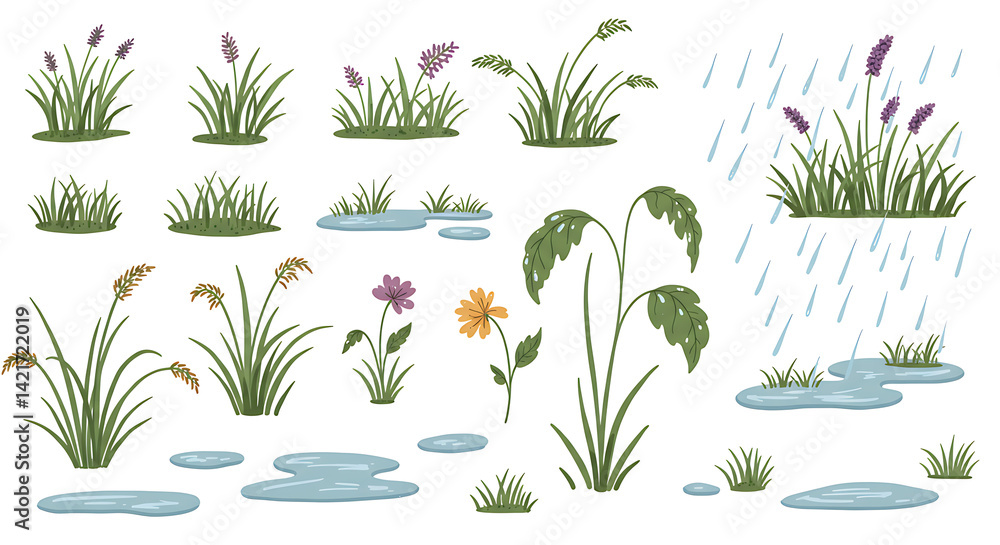 Collection of Hand-Drawn Grass, Flowers, and Rain Illustrations Collection of Hand-Drawn Grass, Flowers, and Rain Illustrations
