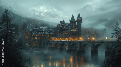 Majestic castle nestled in a misty mountain valley at dusk