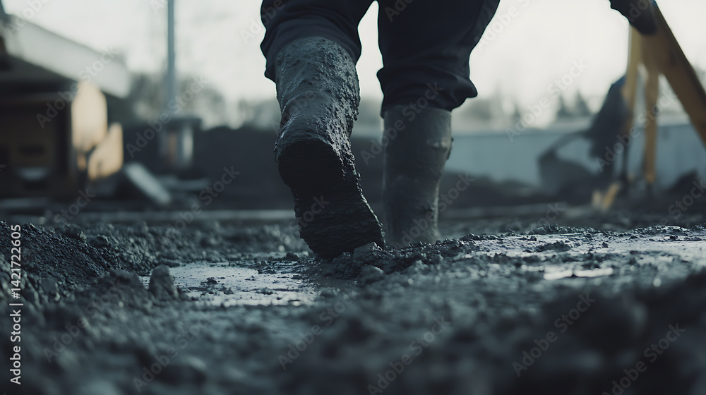 Construction Worker Walking on Mud at Site Construction Worker Walking on Mud at Site