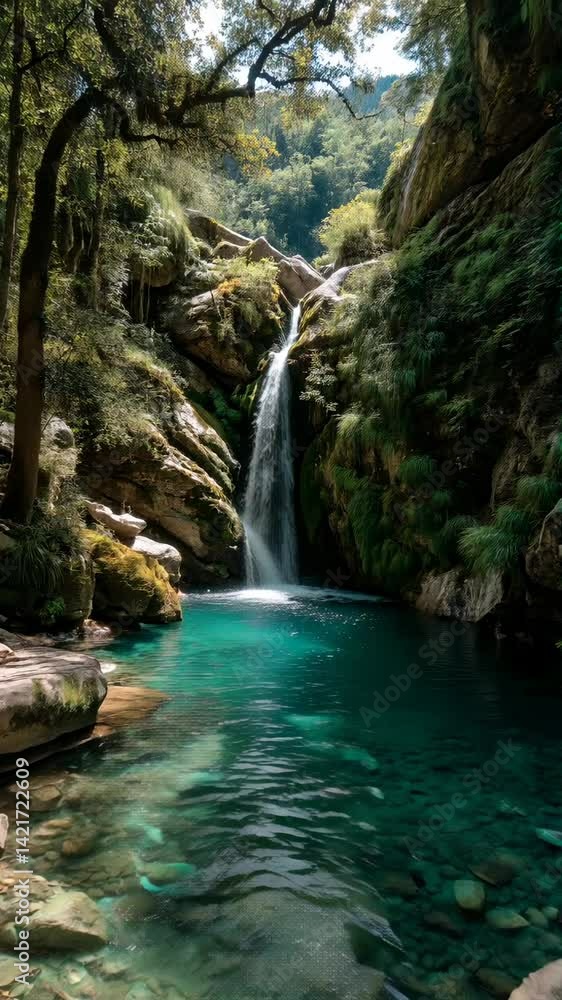 Hidden Waterfall Oasis: A secluded waterfall cascades into a crystal-clear pool surrounded by lush vegetation and rugged rock formations. The serene beauty of nature on display. Hidden Waterfall Oasis: A secluded waterfall cascades into a crystal-clear pool surrounded by lush vegetation and rugged rock formations. The serene beauty of nature on display.
