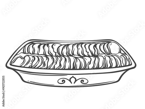Gratin Dauphinois, cartoon French casserole line icon. Outline tray with rows of potatoes slices baked with cheese and cream in oven. Cuisine of France, sketch hot roasted gratin vector illustration