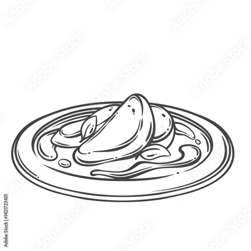 Foie gras, French liver dish with sauce line icon. Hand drawn luxury restaurant meal, plate with cooked goose or duck liver slices. Cuisine of France, delicacy mascot food vector illustration