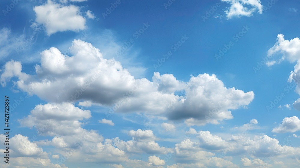 Obraz premium Beautiful clear blue sky with white clouds in background, suitable for nature landscape in summer, spring or autumn on sunny day. Ample 2/3 space for text.