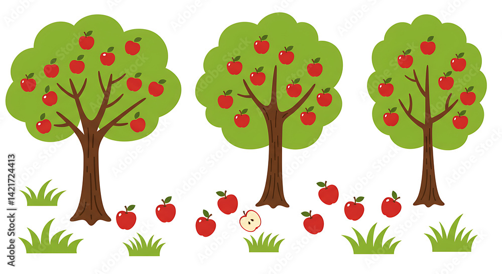 Fototapeta premium Three Apple Trees with Red Apples and Grass Illustration