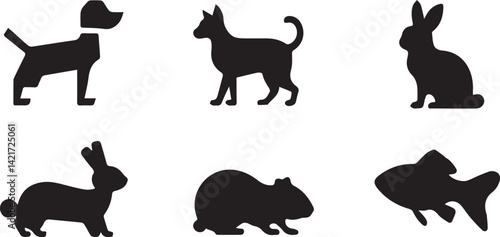 Simple Black Silhouette Icons of Common Pets and Animals