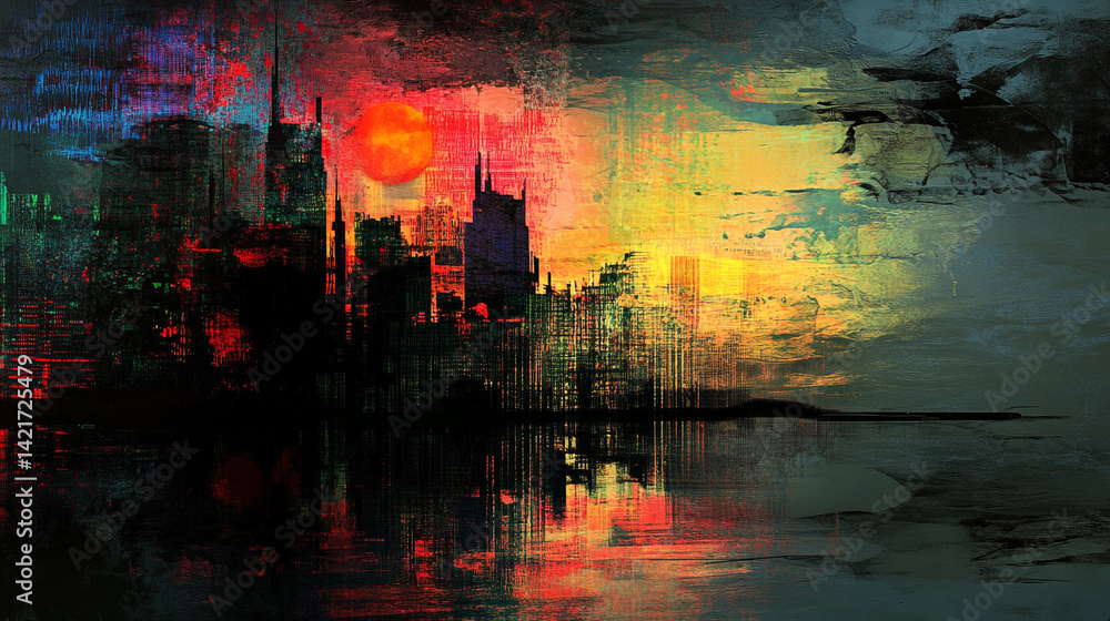 Fototapeta premium Abstract Cyberpunk Skyline with Vibrant Colors and Digital Glitch Effects Capturing a Futuristic Cityscape at Dusk