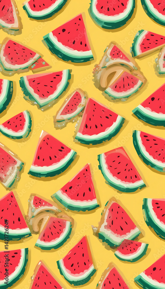 Vibrant watermelon slices playfully arranged on sunny yellow background. AI Generated Vibrant watermelon slices playfully arranged on sunny yellow background. AI Generated