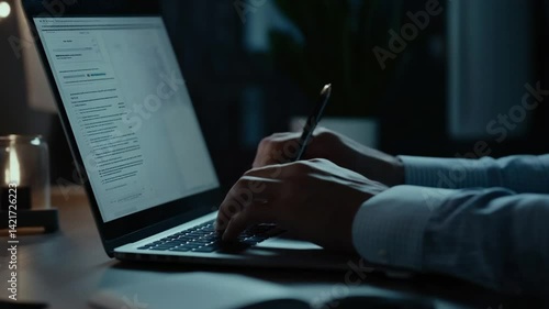 Close up of hands typing on a laptop keyboard in a dimly lit home office setting