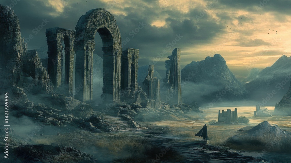 Enigmatic figure contemplates ancient stone ruins amidst a misty, mountainous landscape with an old world, fantasy feel. Enigmatic figure contemplates ancient stone ruins amidst a misty, mountainous landscape with an old world, fantasy feel.