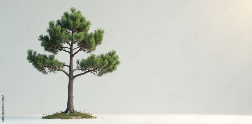 Obraz premium A solitary pine tree stands majestically on a small patch of earth against a minimalist backdrop.