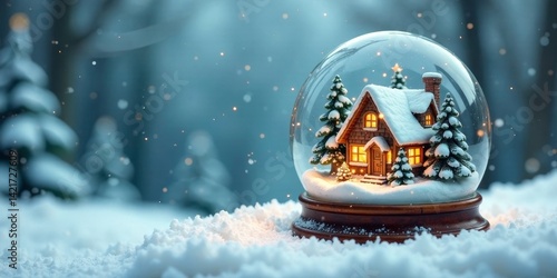 Enchanted Winter Village Scene A Cozy Cabin Nestled Within a Sparkling Snow Globe, Illuminated by Warm Lights, Amidst a Serene Snowy Landscape with Falling Snowflakes.