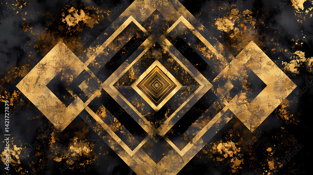 Intricate gold geometric pattern on a dark textured background. ideal for wall art prints textiles or phone cases. Arcane Textile. Illustration