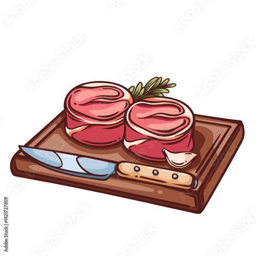 Two round steaks on rectangle wooden board with knife. Outline hand drawn color sketch of raw tenderloin meat and garlic for cooking meal. Kitchen, dinner mascot, fresh steaks icon vector illustration
