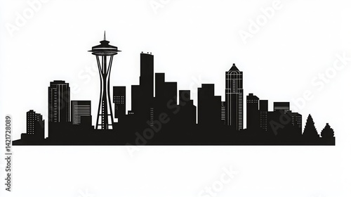 Minimal black and white silhouette of downtown Seattle skyline featuring iconic urban architecture, modern highrise buildings, and sharp cityscape contrast for abstract city design concepts.