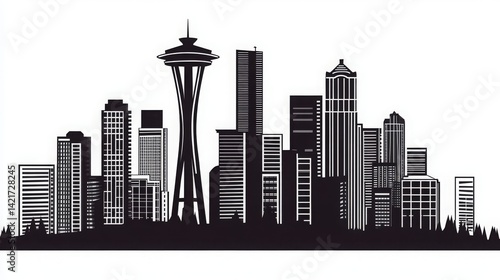 Minimal black and white silhouette of downtown Seattle skyline featuring iconic urban architecture, modern highrise buildings, and sharp cityscape contrast for abstract city design concepts.