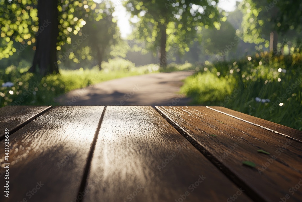 Obraz premium Park scene with wooden table