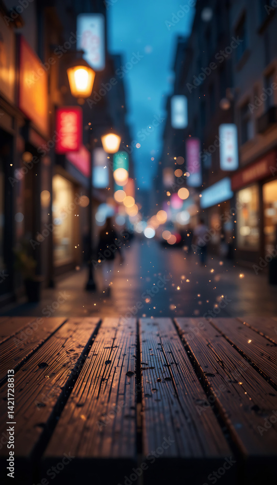 Fototapeta premium Dark Wooden Table Night City Street Warm Lights. AI Generated