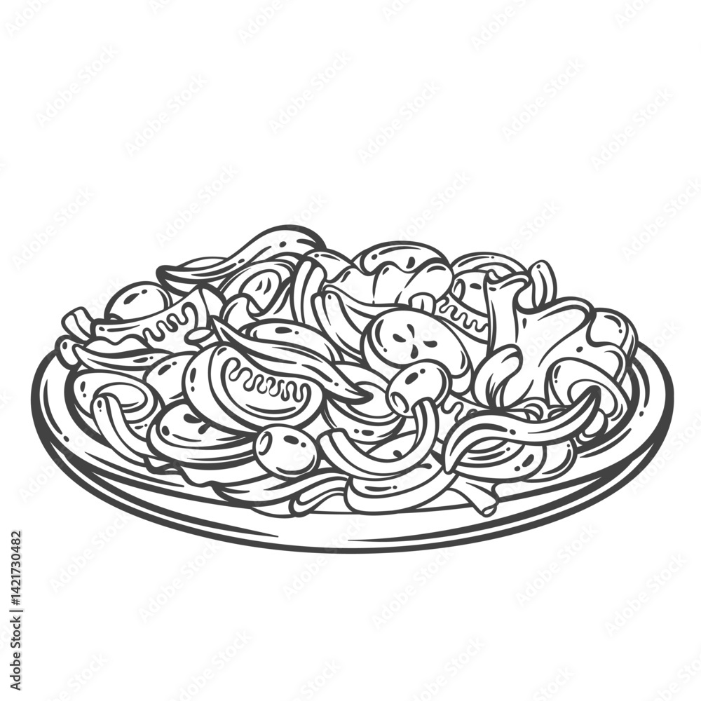 Obraz premium French cartoon salad Nicoise on plate outline. Hand Drawn gourmet snack with anchovies and eggs, tomato and cucumber slices, lettuce. Cuisine of France mascot, traditional salad vector illustration