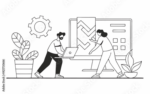 Teamwork boosts business productivity with laptop and data analysis on a large screen	