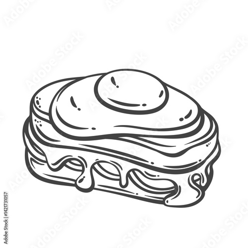 Croque Madame hot sandwich line icon. Outline hand drawn two toast bread or baguette slices with ham, melted cheese and fried egg on top. French cuisine, fast food sketch sandwich vector illustration