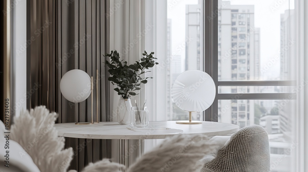 Obraz premium Sleek Office Minimalism: Sunlit Workspace with Design Aesthetics Design 