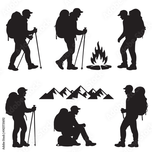 backpacker vector silhouettes, Male and female hiker with backpack, Climber hiker backpacker silhouette