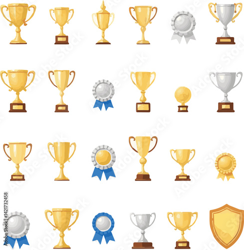 Create a kinds of Different 24 unique award icons displayed . Vector art with white background.