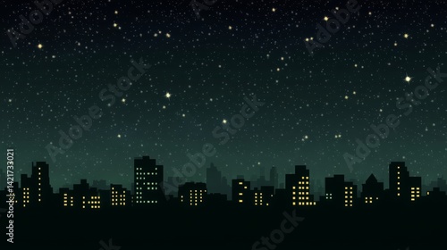 Flat style horizontal black silhouette of urban skyline with windows on transparent background, depicting night city panorama with modern buildings and minimal vector cityscape design concept.