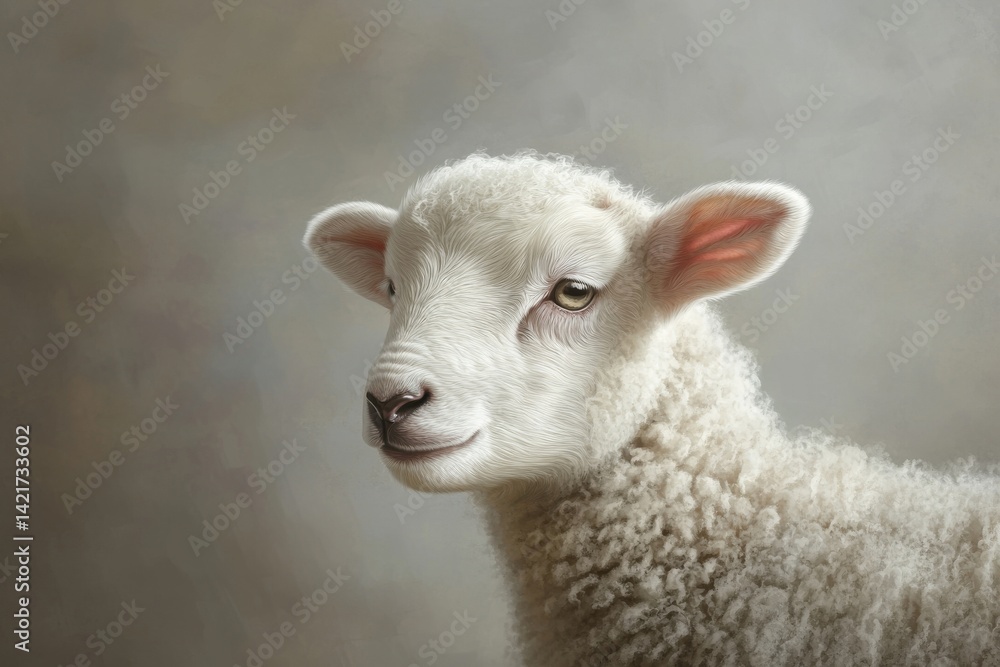 Fototapeta premium A charming white lamb gazing left, embodying innocence and tranquility on a soft gray backdrop, ideal for pastoral themes, children's books, and animal enthusiasts