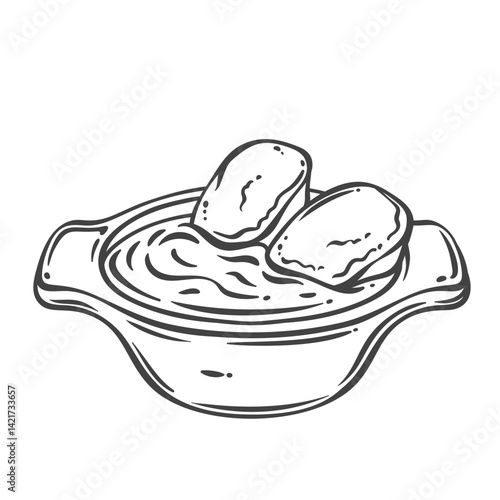 Onion soup, sketch gourmet dish. Outline hand drawn bowl of baked cheese, caramelized onion and broth with bread croutons serve. Cuisine of France, dinner mascot,rustic meal in pot vector illustration