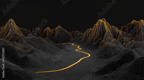 Neon Mountains And River Pathway In Modern Digital Style, Generated AI