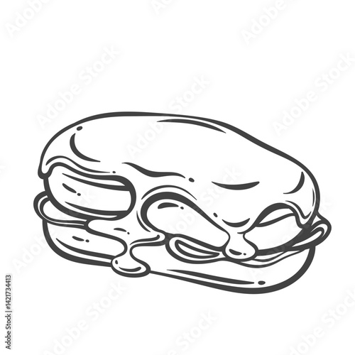 Croque Monsieur, hot sandwich line icon. Outline baked or fried toast bread slices with ham, melted cheese and bechamel sauce on top. French cuisine mascot, gourmet rustic sandwich vector illustration