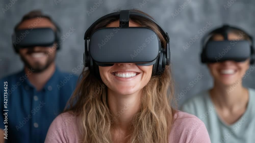 Immersive virtual reality technology with smiling users enjoying headsets together. Immersive virtual reality technology with smiling users enjoying headsets together.