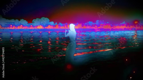 Woman dancing by the Indian river. Silhouette of a woman on the background of the river and the night city. Graphic variant