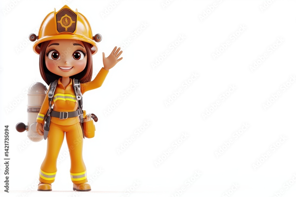 A cheerful cartoon character dressed in firefighting gear, waving and showcasing a friendly demeanor. A cheerful cartoon character dressed in firefighting gear, waving and showcasing a friendly demeanor.