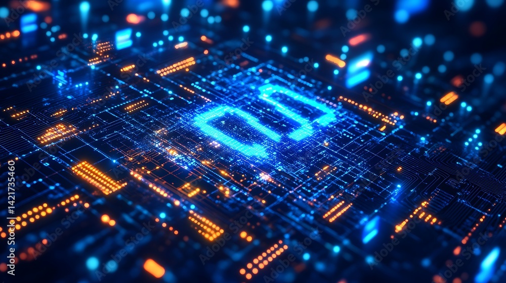 Obraz premium Futuristic digital circuit board with glowing blue and orange connections