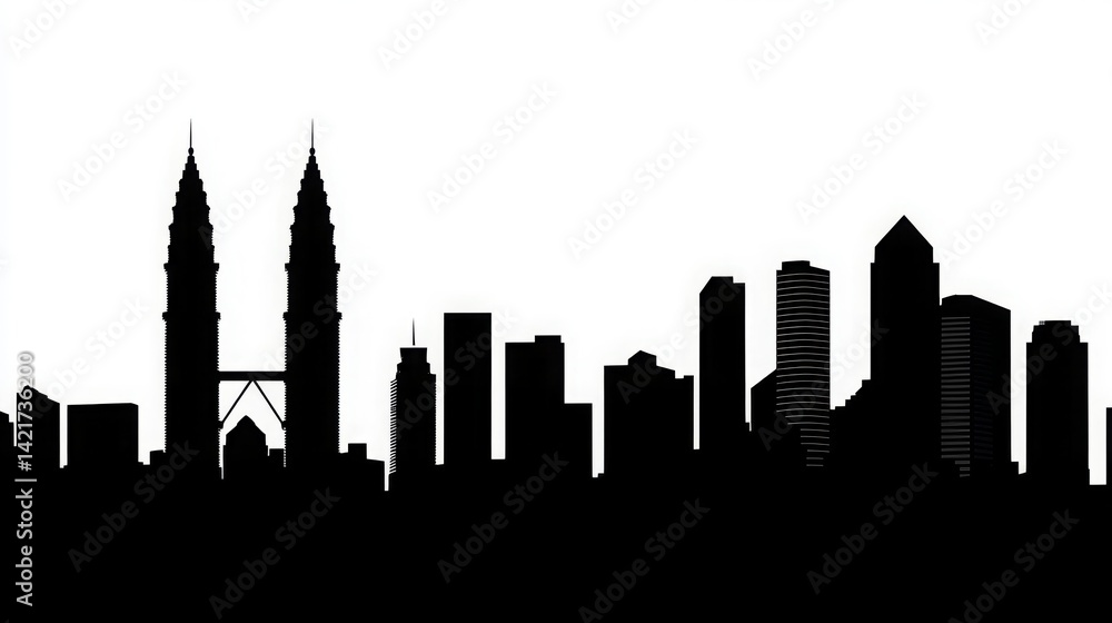 Fototapeta premium Silhouette of Kuala Lumpur skyline featuring iconic towers and complete urban architecture, minimal black cityscape layout with detailed buildings for vector design and modern city concept.