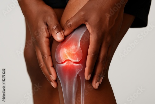 African American person with chronic knee pain and visible joint inflammation