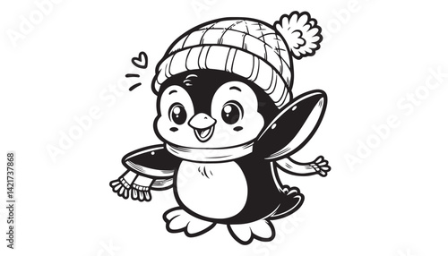 Vector illustration of cartoon Penguins black and white drawing For children to learn to color according to the picture.