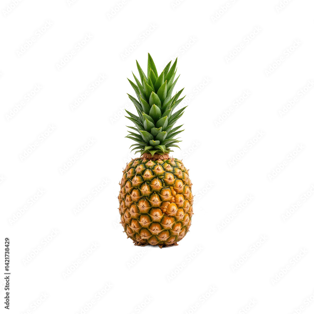 A fresh pineapple with green leaves on top, isolated on a transparent background. A fresh pineapple with green leaves on top, isolated on a transparent background.