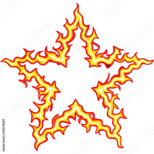 Fiery star design, flame starburst, hot star graphic, fiery emblem, burning star illustration.