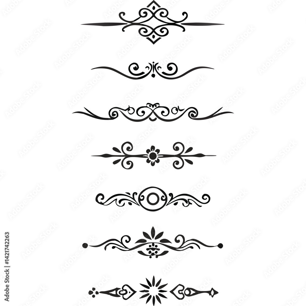 Fototapeta premium Seven elegant black decorative dividers, perfect for design projects.