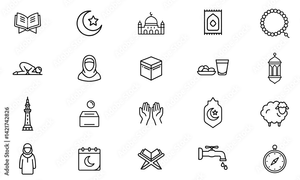 Fototapeta premium Set of 20 Outline Icons Related to Islam Religion, Ramadan, Prayer, and Muslim Culture. Editable Stroke. Vector Illustration.