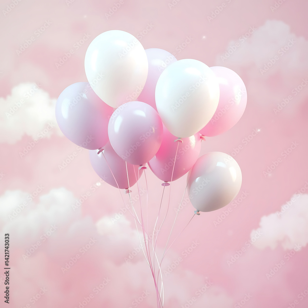 Colorful balloons on nice pink cloud background in pastel colors. Colorful balloons on nice pink cloud background in pastel colors.