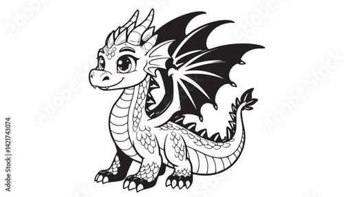 Vector illustration of cartoon dragon black and white drawing For children to learn to color according to the picture.
