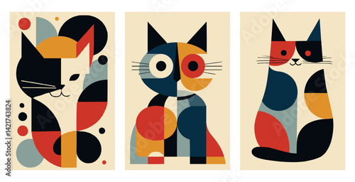 Abstract Geometric Cat Art Prints Set