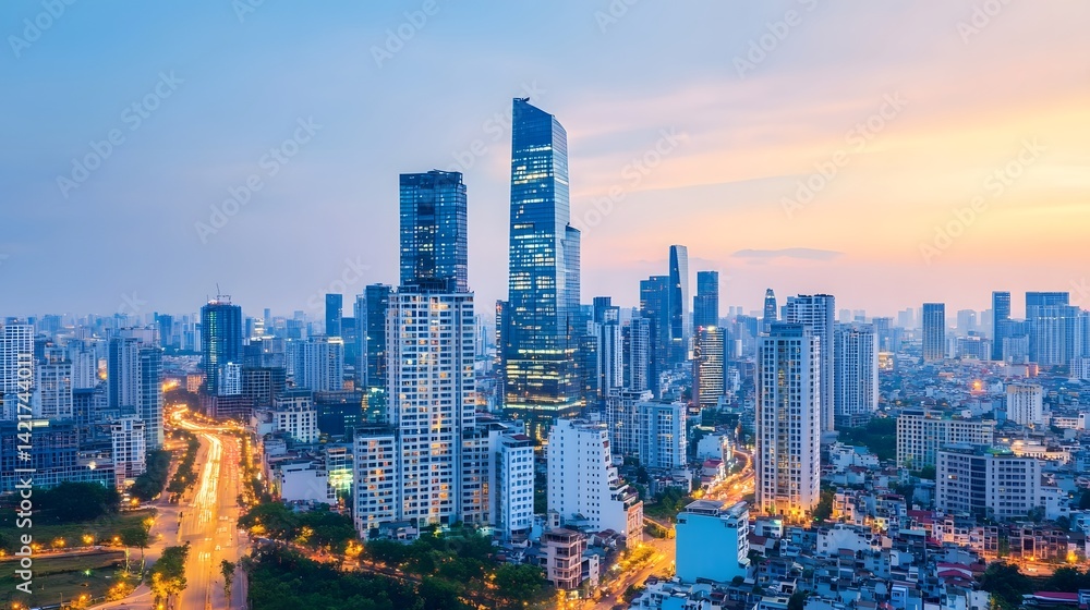 Fototapeta premium Futuristic Skyline of a Thriving Metropolis with Glowing Lights and Fluid Transportation
