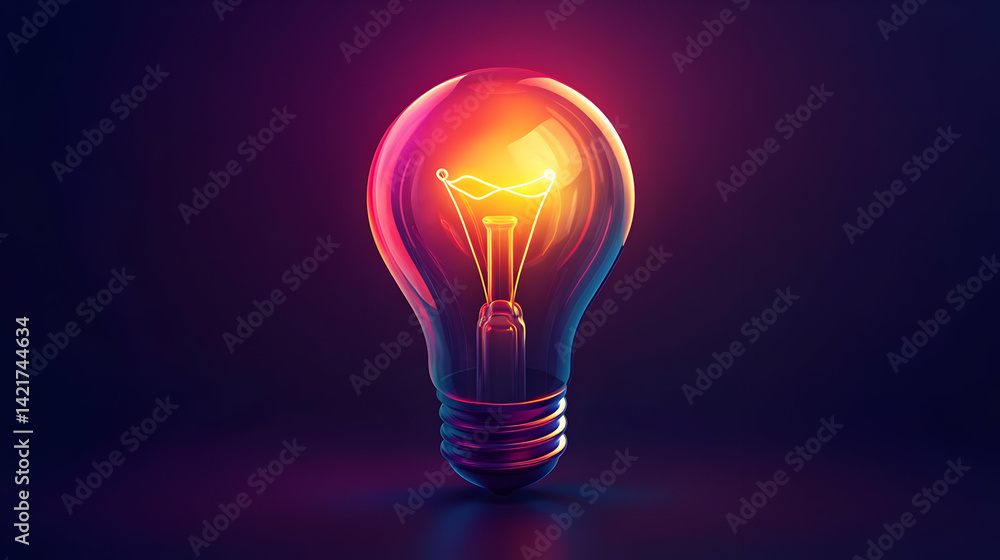 Glowing Lightbulb with Orange and Yellow Light on Dark Purple Background Glowing Lightbulb with Orange and Yellow Light on Dark Purple Background